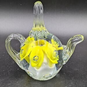 Art Glass Paperweight Signed Joe Hamon teapot Yellow Handblown Controlled Bubble